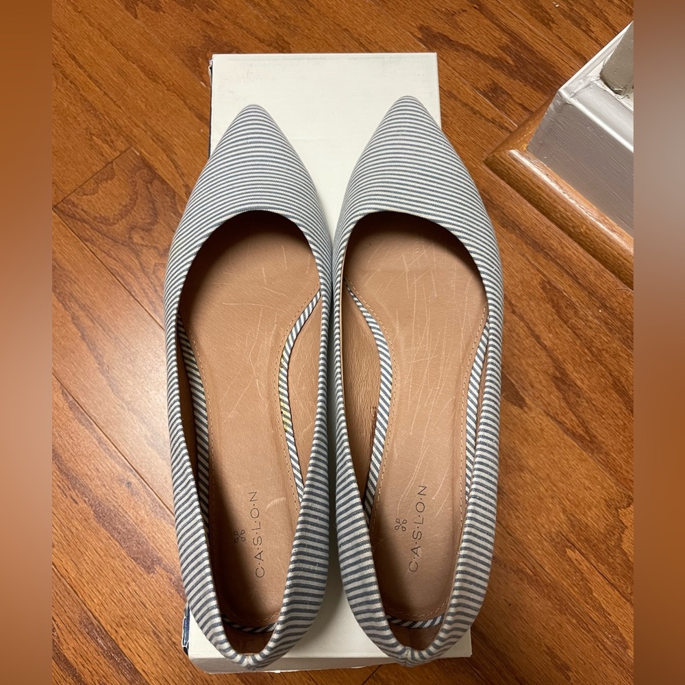 Caslon flats blue and shite stripes